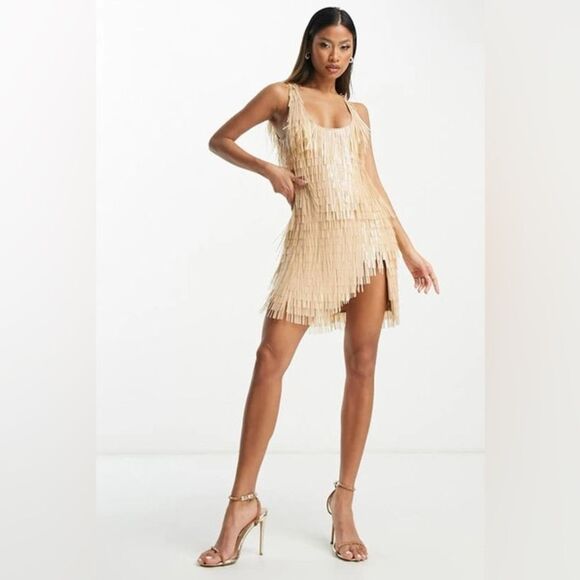 NWT ASOS DESIGN Scoop Neck Mini Dress w/ Shard Sequins Stone / Nude Beige 2 - Picture 14 of 15